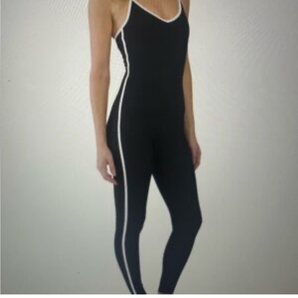 WILO THE LABEL Black Ribbed V Neck Jumpsuit w/ side stripe, Australia, sz Small